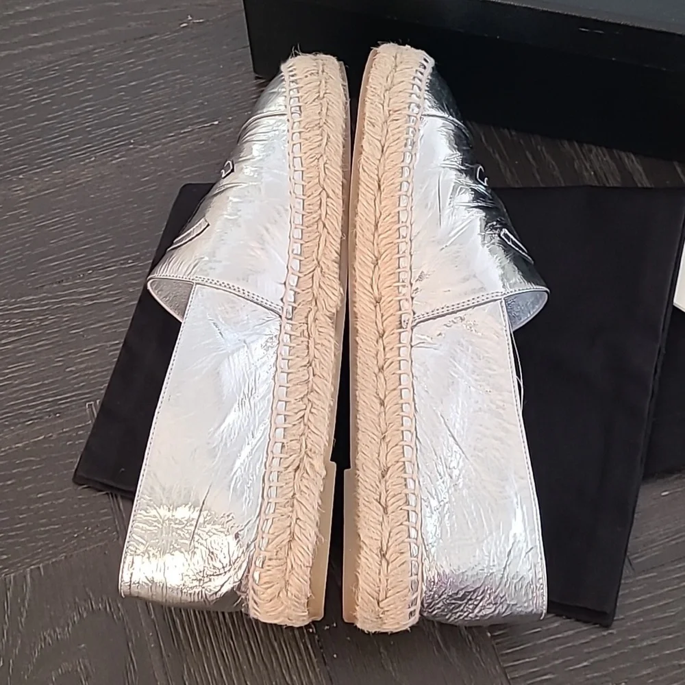 Chanel 19C Silver Laminated Leather CC Logo Double Sole Espadrille